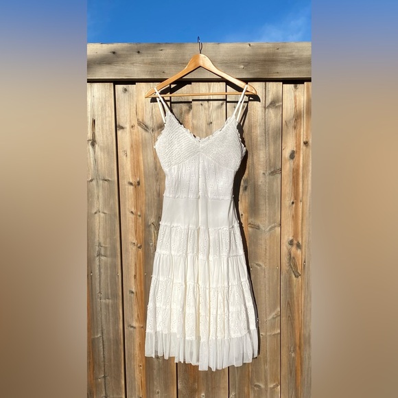 100% Cotton Eyelet Embroidered Smocked Tiered Tulle Spaghetti Strap Lined Dress - Picture 1 of 13